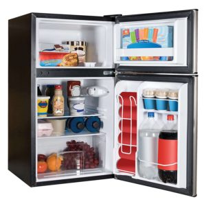 Haier 3.2 cu ft Refrigerator, Stainless Steel 2-Door for Dorm, Garage, Camper, Gameroom, Basement or Office with Separate Freezer Compartment for Cold Food Storage and Frozen Meals